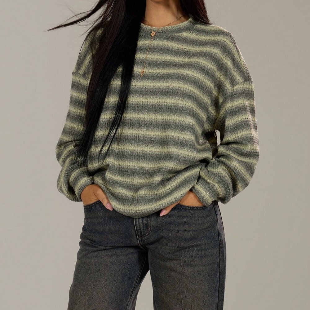 Green Oversized Women's Crew Neck Striped Jumper